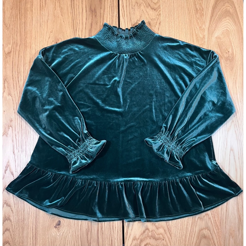 Soft Surroundings Velvet Smocked Blouse Women XL Green Holiday Ruffle Peplum